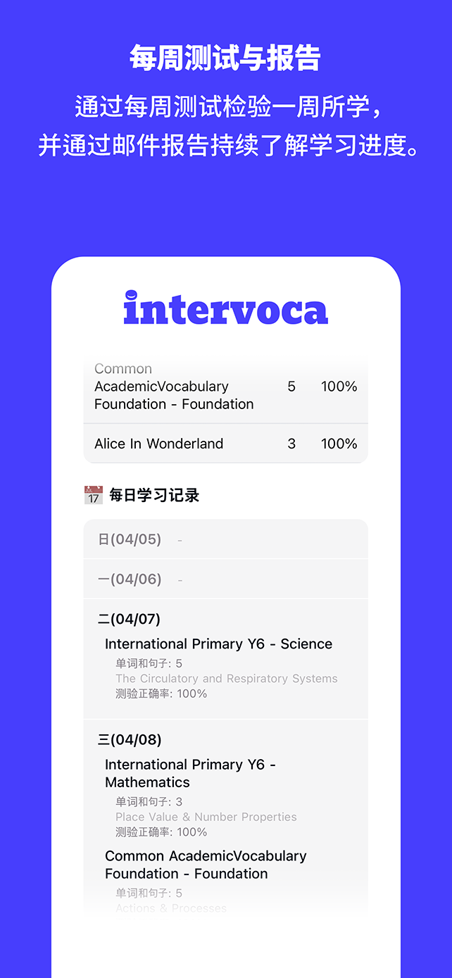 每周测试与报告 — 通过每周测试检验一周所学,邮件报告持续了解学习进度